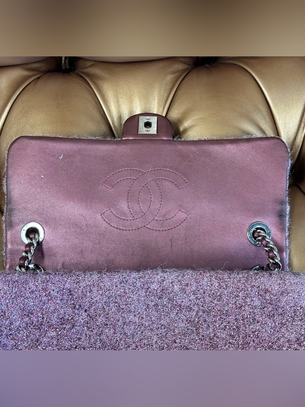 Chanel CC Chain Flap Bag Pink Quilted Knit Pluto Glitter Medium - Picture 8 of 13